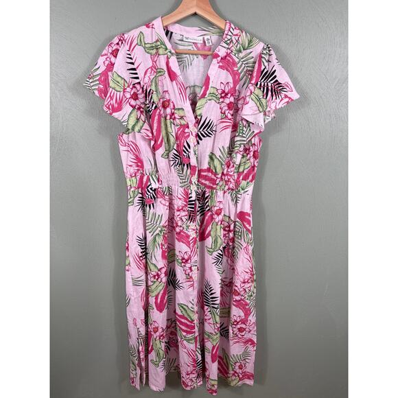 Linen Maxi Dress Rafaella Women's Size XL Pink Floral Tropical Island Cap Sleeve - Picture 8 of 9